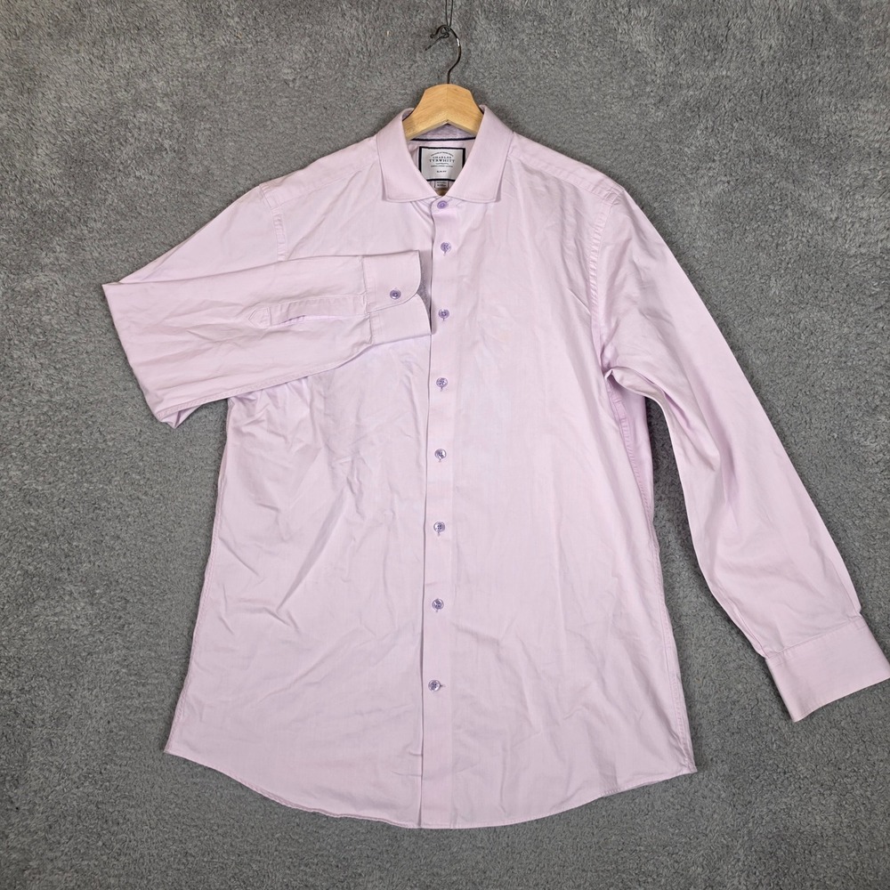 Charles Tyrwhitt Dress Shirt Mens 16.5/35 Pink Good Slim Fit Long Sleeve Dobby - Picture 2 of 10